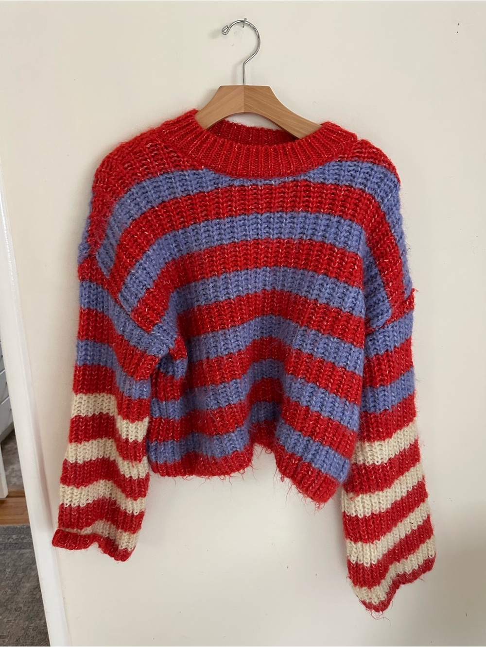 Zara Striped Fuzzy Cropped Crew Sweater - Red, Lavender, Cream